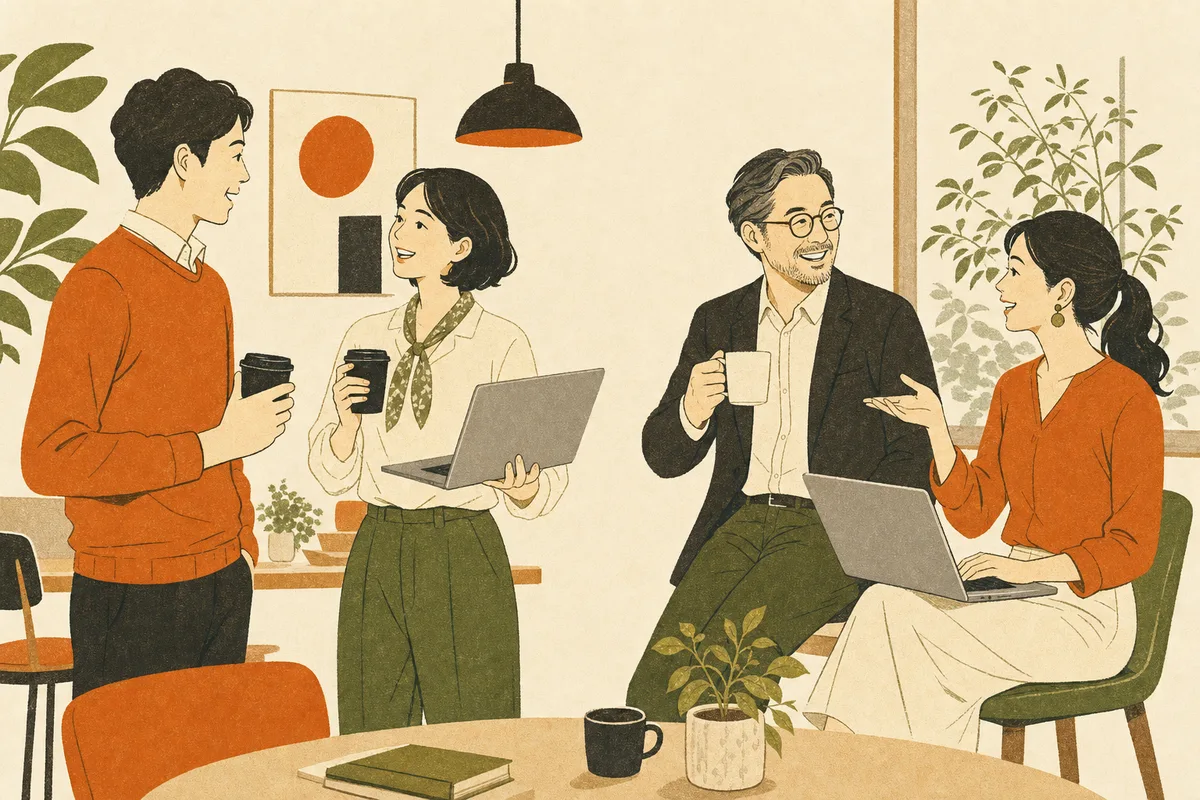 立場の異なる参加者同士が休憩時間に語り合っている様子のイラスト