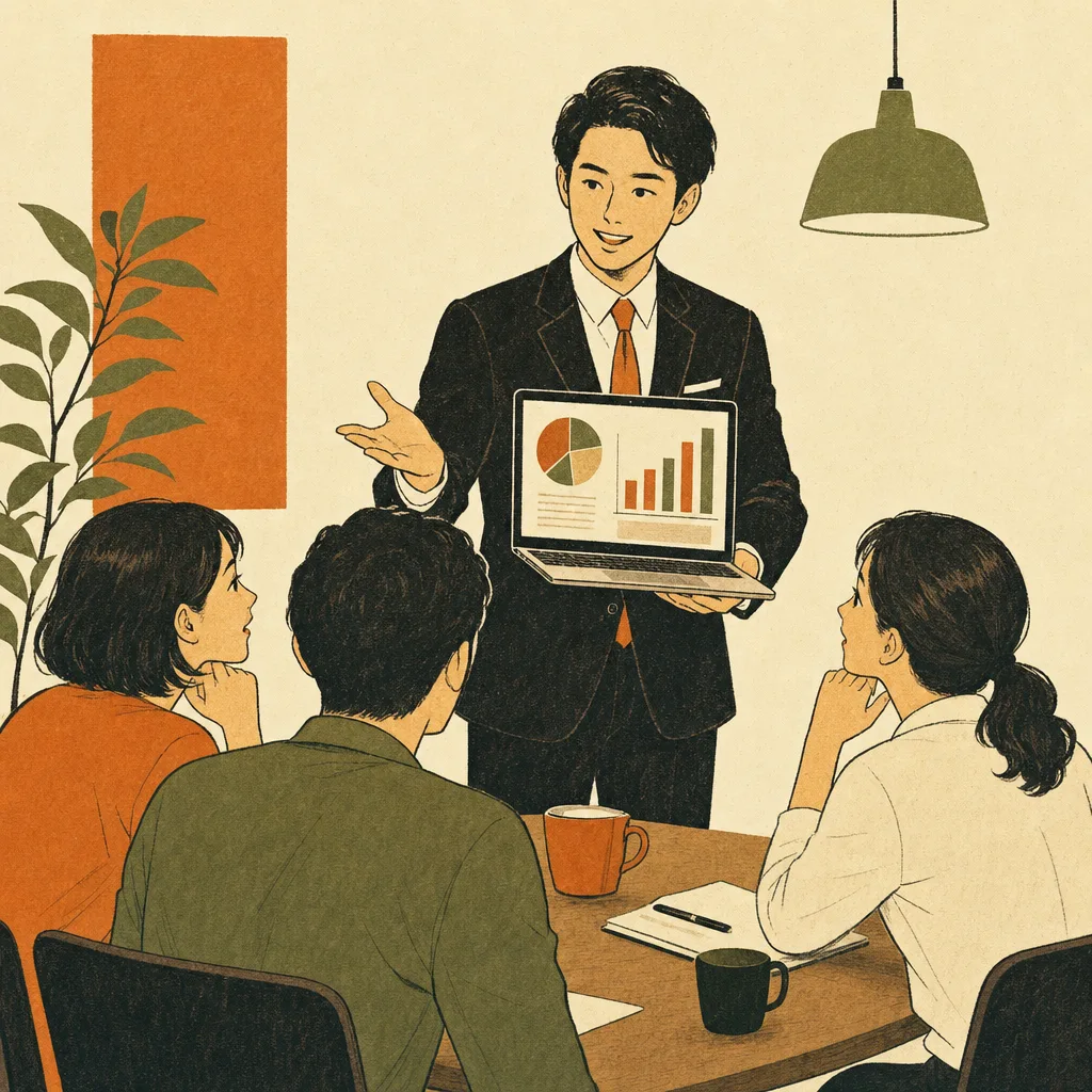 自分のPC画面を小さなグループに見せながら話している人のイラスト